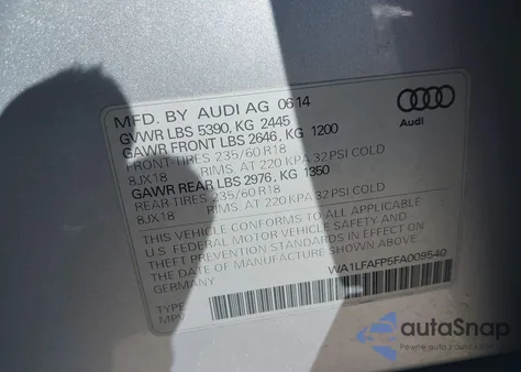 2015 Audi Q5 2.0T Premium из США, поврежденный, VIN WA1LFAFP5FA009540